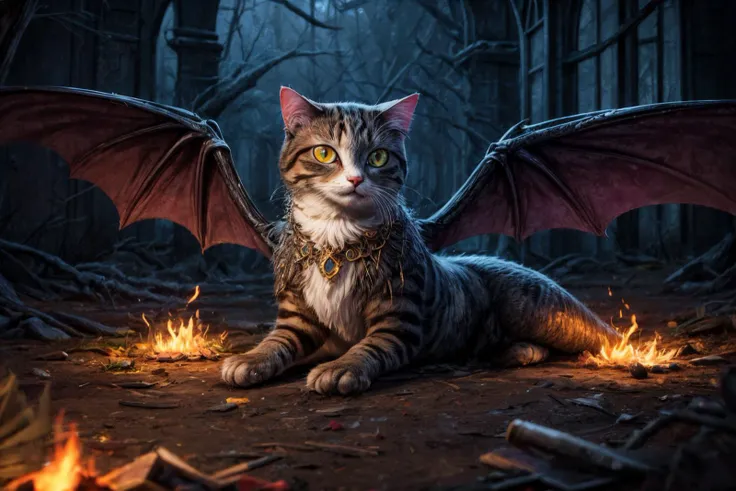 (RAW photo, 8k uhd, Analog style, Masterpiece, Best Quality, Highres:1.4), (dramatic, cinematic:1.2), BREAK,
shot of hyperdetailed (cat headed:1.35) (dragon:1.3), ((dragon:cat:0.77):1.15), (glowing:1.2) (scales:1.1), (tail:1.0), golden eyes, green (armor:1.25), lying in the detailed ((magic:1.1) forest:1.1), (castle ruins:1.32), (overgrown:1.2), (hill:1.2), (roots:1.05), (mushrooms:1.27), (light particles:1.2), (glowing sparks:1.07), (green magic:1.1), (sunset:1.22), soft lighting, (campfire:1.03), (treasures:1.3), (from side:1.1), BREAK,
(photorealistic:1.2), (intricate:1.4), (light theme:1.4), (mysterious, fabulous, fantasy, mystical:1.3), (hyperdetailed, absurdres:1.2), (colorful:1.3), (no humans:1.4), (elegant:1.1), vertical pupils, (bat wings:1.2), (dragon wings, claws, spikes:1.15), (glowing ornament:1.2), (incredible, amazing:1.2), BREAK,
<lora:more_details:1>,
<lora:zoom_slider_v1:2.38>