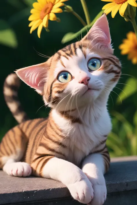 cat, park, flower,, (masterpiece:1.2), best quality, high resolution, unity 8k wallpaper, (illustration:0.8), extremely detailed face, perfect lighting, extremely detailed CG, (perfect hands, perfect anatomy), (masterpiece, best_quality, ultra-detailed, immaculate:1.3), epic, illustration, render,