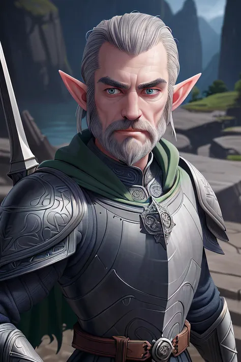 ultra detailed, sharp focus, best quality, masterpiece, temple background, upper body shot, 1 aging elf man, graying light hair, widow's peak hairline, short beard, pointy ears, sunken-in face, (dark circles under eyes), green and indigo, plate armor, cape, ((pencil-drawn)), masterpiece, intricate details