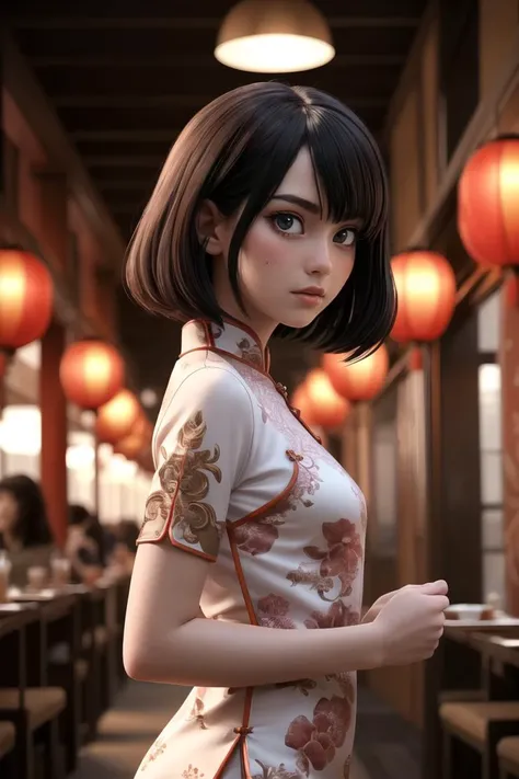 masterpiece, best quality, blush, troubled, from side, (cowboy shot:1.3), looking at viewer, petite, flat chest, very Short-haired, boyish girl, shy expression but enjoying, modernized china dress, detailed skin texture, detailed cloth texture, beautiful detailed face, intricate details, ultra detailed, rim lighting, side lighting, cinematic light, ultra high res, 8k uhd, film grain,best shadow, delicate, realistic, 3d, BREAK masterpiece, best quality, lively chinese restauant, festive atmosphere, vivid and bright colors reflecting the fun ambiance of the cultural festival, lots of customers, intricate details, ultra detailed, <lora:GoodHands-vanilla:0.8>, (masterpiece:1.2), best quality, high resolution, unity 8k wallpaper, (illustration:0.8), extremely detailed face, perfect lighting, extremely detailed CG, (perfect hands, perfect anatomy), (masterpiece, best_quality, ultra-detailed, immaculate:1.3), epic, illustration, render,