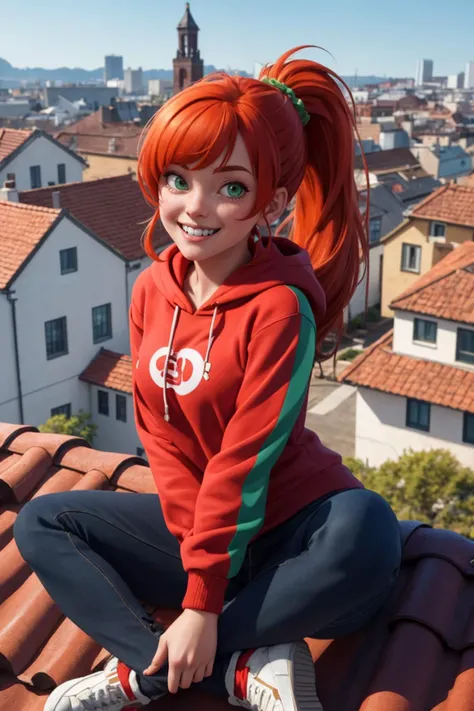 ultra detailed, sharp focus, best quality, masterpiece, colorful, 1 young woman, red hoodie, wide grin, teeth, ginger hair, ponytail, green eyes, full body shot, rooftops background, sitting on a roof, POV, looking at the viewer, best quality, masterpiece, intricate details,