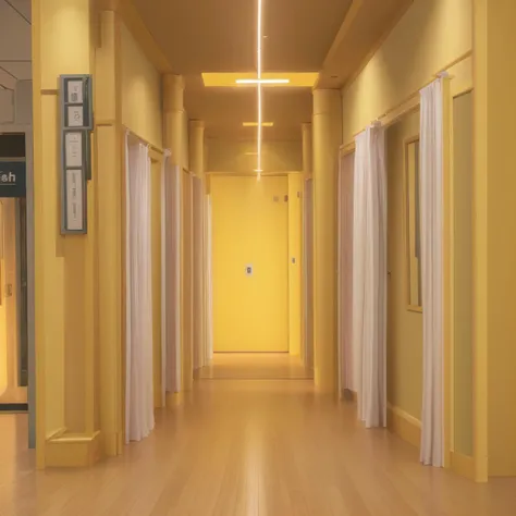 <lora:D1s-Backroom:0.65>, backroom, liminal space, Level-0,Tutorial Level,The Lobby,inside,yellow lighting,yellow wall without details,fluorescent light,corridor, shadow, (photorealistic), [sharp focus], (HDR), (8k), (gigapixel), (masterpiece), brown carpet on floor, darkness at the end of corridor, open space, 5 doors on each side, arrows on the floor, <lora:vhs-10:1>