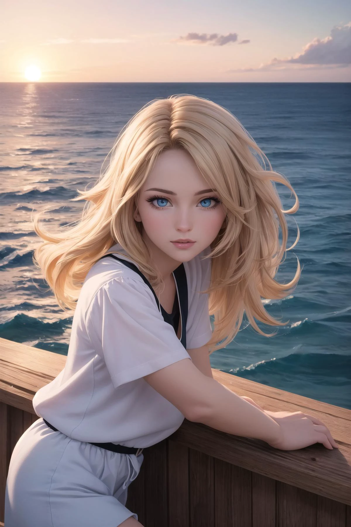 Photograph of a drawing of a woman with long blonde hair, gorgeous digital painting, beautiful eyes, beautiful digital artwork, beautiful digital painting, artgerm portrait, character art portrait, stunning digital illustration, realistic cute girl painting, epic portrait illustration, cgsociety portrait, realistic digital art 4k, in the background is the sea with a sunset, gorgeous digital art , cinematic hd 4k 8k 3d 4d highly detailed, natural light, colorful