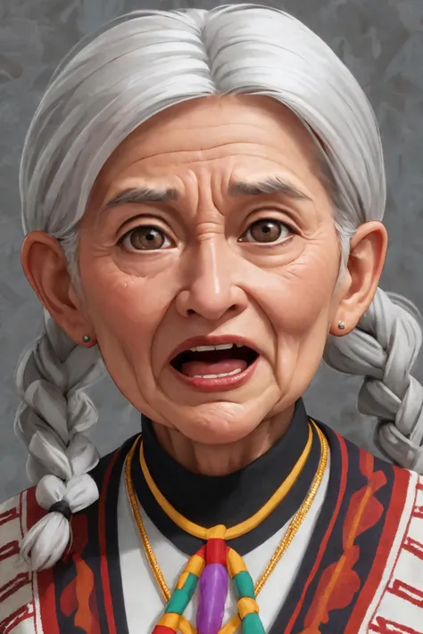 close-up photo portrait of a 90 yo old native american woman, grey hair, brown eyes, screaming face expression, headband, twin braids, simple background