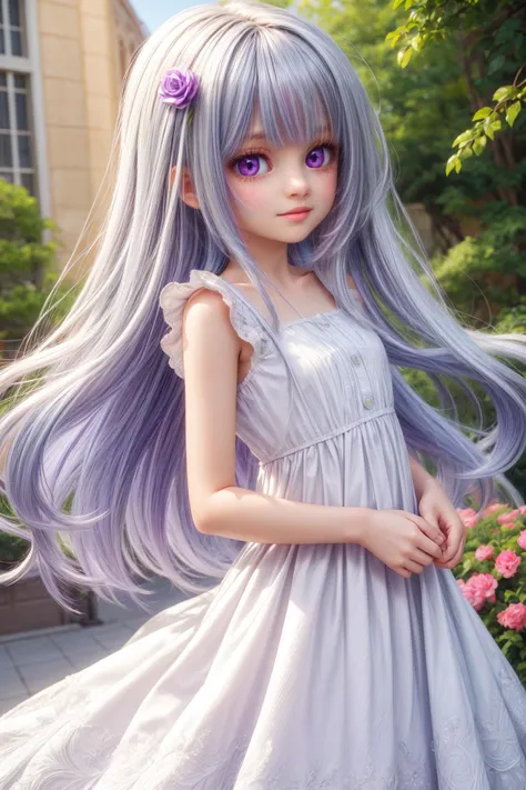 masterpiece, best quality, ultra-detailed, 1girl, long hair, silver hair, purple eyes, sundress, white dress, <lora:add_detail:0.3> <lora:background_detail_enhanced_simplified:0.8> <lora:more_details:0.3> <lora:colorify:1> <lora:hairdetailer:0.7>