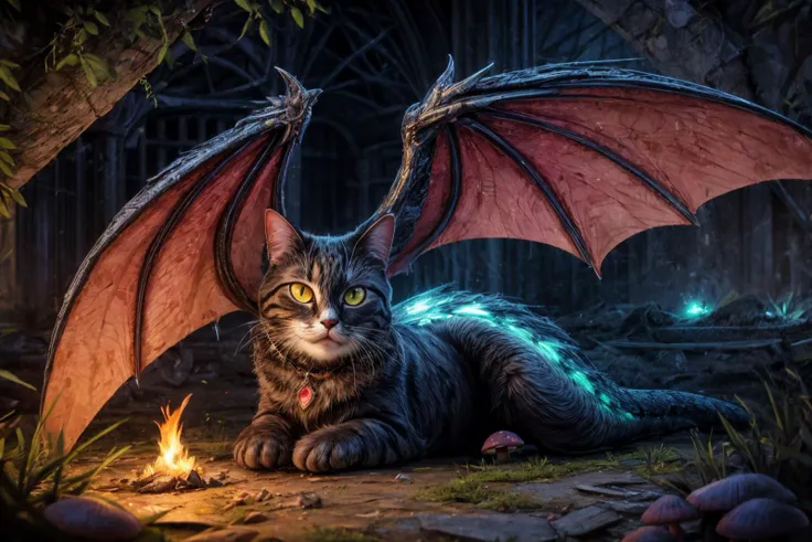(RAW photo, 8k uhd, Analog style, Masterpiece, Best Quality, Highres:1.4), (dramatic, cinematic:1.2), BREAK,
shot of hyperdetailed (cat headed:1.35) (dragon:1.3), ((dragon:cat:0.77):1.15), (glowing:1.2) (scales:1.1), (tail:1.0), golden eyes, green (armor:1.25), lying in the detailed ((magic:1.1) forest:1.1), (castle ruins:1.32), (overgrown:1.2), (hill:1.2), (roots:1.05), (mushrooms:1.27), (light particles:1.2), (glowing sparks:1.07), (green magic:1.1), (sunset:1.22), soft lighting, (campfire:1.03), (treasures:1.3), (from side:1.1), BREAK,
(photorealistic:1.2), (intricate:1.4), (light theme:1.4), (mysterious, fabulous, fantasy, mystical:1.3), (hyperdetailed, absurdres:1.2), (colorful:1.3), (no humans:1.4), (elegant:1.1), vertical pupils, (bat wings:1.2), (dragon wings, claws, spikes:1.15), (glowing ornament:1.2), (incredible, amazing:1.2), BREAK,
<lora:more_details:1>,
<lora:zoom_slider_v1:2.38>