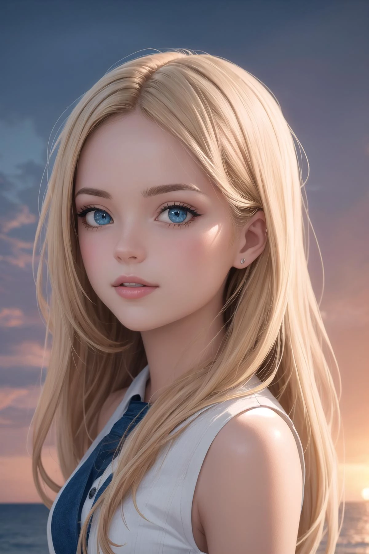 Photograph of a drawing of a woman with long blonde hair, gorgeous digital painting, beautiful eyes, beautiful digital artwork, beautiful digital painting, artgerm portrait, character art portrait, stunning digital illustration, realistic cute girl painting, epic portrait illustration, cgsociety portrait, realistic digital art 4k, in the background is the sea with a sunset, gorgeous digital art , cinematic hd 4k 8k 3d 4d highly detailed, natural light, colorful