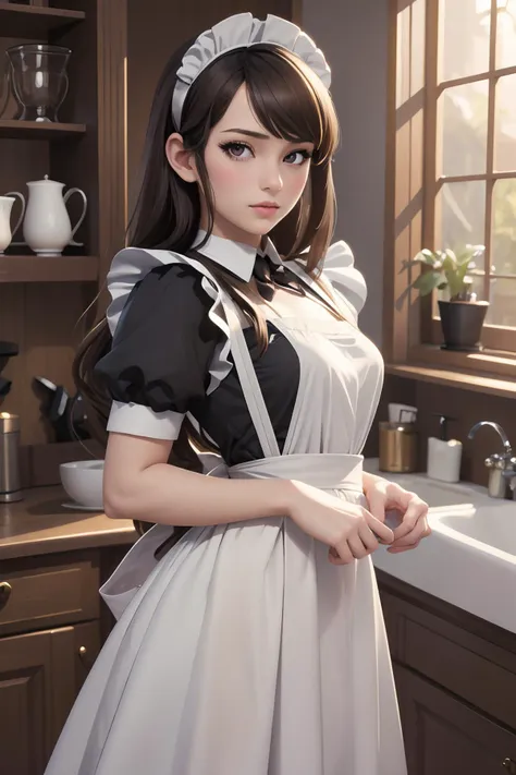 1girl, a woman in a maid's costume posing, maid, maid's dress, apron, brown eyes, cum, lips, long hair, maid, maid apron, maid headdress, photo \(medium\), realistic, soap bubbles, solo, <lora:victorian_maid-1.0:1>