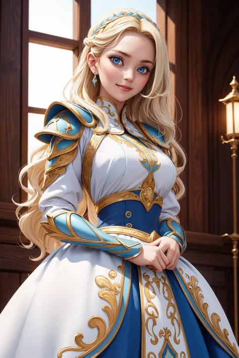 ultra detailed, sharp focus, best quality, masterpiece, colorful, best quality, masterpiece, sole woman, 1 woman, Young woman, beautiful face, wearing an armor-dress, long skirt, white and blue, light make-up, slight friendly smile, very long wavy light blond hair, blue eyes, glowing eyes, upper body shot, aura of light, best quality, masterpiece, intricate details