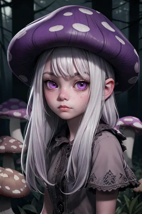 style of Shawn Coss, ultra detailed, sharp focus, best quality, masterpiece, 1girl, gray hair, pale skin, sad face, cute face, forest background, dark and gloomy atmosphere, (purple mushroom hat), best quality, masterpiece, intricate details