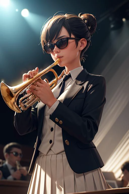 sharp focus, best quality, masterpiece, high contrast, shallow depth of field, 1 woman, short hair bun, sunglasses, suit jacket, pleated skirt, necktie, trumpet, playing a trumpet, wooden stage background, foggy, volumetric lighting, best quality, masterpiece, <lora:trumpet_v1:0.50> trumpet, playing trumpet
