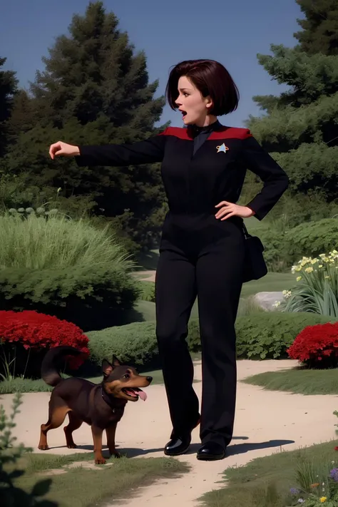 (masterpiece, best quality),woman in black and red voyunf,badge, shouting at the dog,in the park. <lora:VoyunfRefined:0.8>