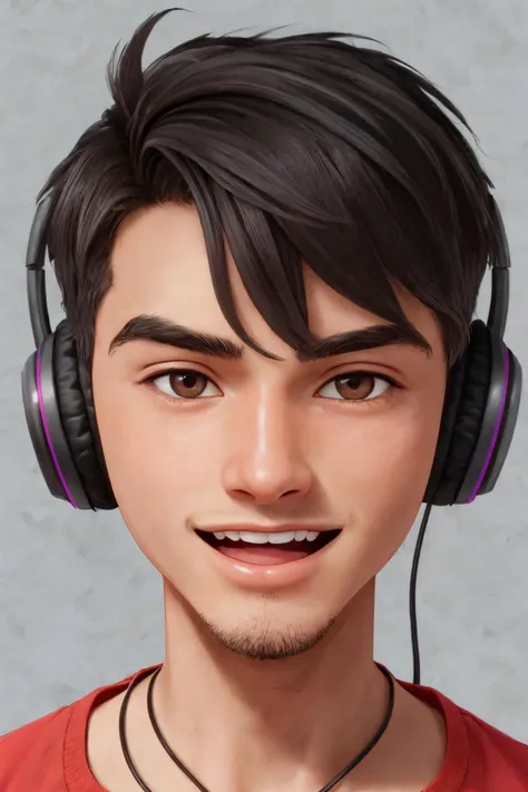 close-up photo portrait of a 25 yo young african man, black short african hair, stubble, brown eyes, excited face expression, headphones, simple background