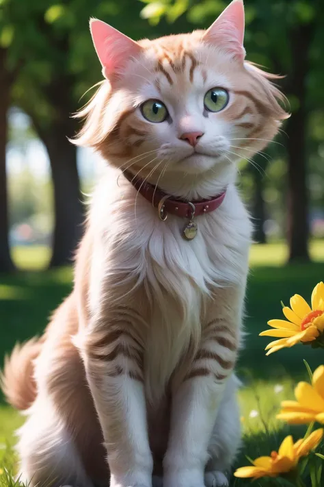 cat and dog, park, flower,, (masterpiece:1.2), best quality, high resolution, unity 8k wallpaper, (illustration:0.8), extremely detailed face, perfect lighting, extremely detailed CG, (perfect hands, perfect anatomy), (masterpiece, best_quality, ultra-detailed, immaculate:1.3), epic, illustration, render,