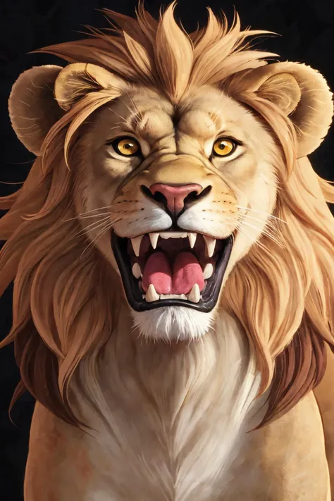 close-up photo portrait of a great lion, yellow eyes, very long lion's mane, roaring, open mouth, fangs, animal, no humans, simple background
