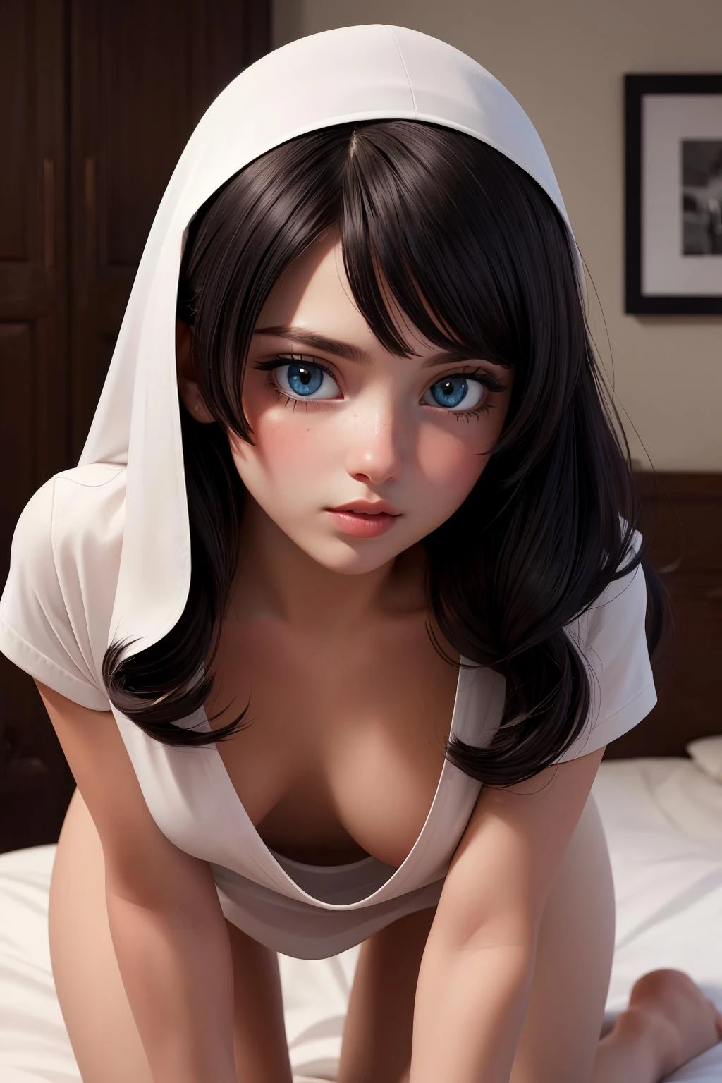 (masterpiece, top quality, best quality, official art, beautiful and aesthetic:1.2), (1girl:1.3), spread legs, nsfw, <lora:downblouse-v1:0.8> downblouse, loose t-shirt, leaning forward, (masterpiece:1.2), best quality, high resolution, unity 8k wallpaper, (illustration:0.8), extremely detailed face, perfect lighting, extremely detailed CG, (perfect hands, perfect anatomy), (masterpiece, best_quality, ultra-detailed, immaculate:1.3), epic, illustration, render,