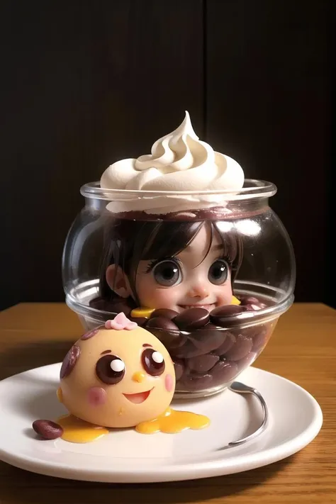 (soft azuki bean jelly in the shape of a little head and cubic agar sitting on a plate:1.2), smile, kawaii, a surrealist sculpture, (rough powdery face:1.2), looking_down, from side, food, brown hair, brown eyes, (yellow hair:1.1), (pudding:1.3), (slime:0.8), (spoon:1.2), cupcake