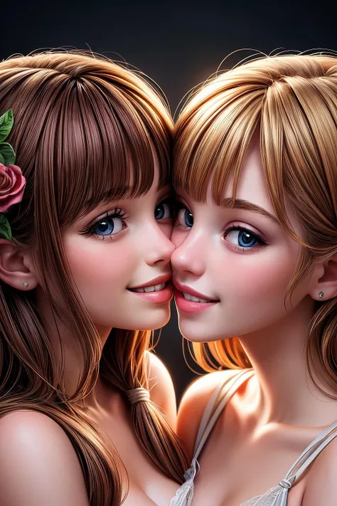 smiling, ((high resolution illustration)), ((extremely detailed)), (masterpiece), two girls, kiss