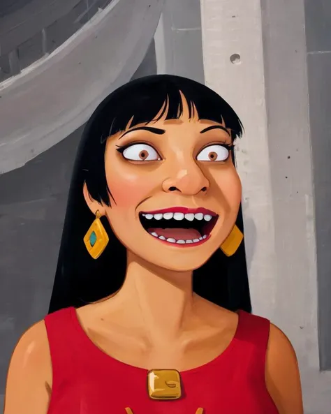(illustration), cartoon, detailed, masterpiece, 1girl, solo, smile, sexy, looking at viewer, <lora:Chel:0.6> chel, black hair, long hair, blunt bangs, brown eyes, dark skin, lipstick, portrait, lozhkin, open mouth, big smile, accurate teeth with gaps <lora:lozhkin:0.8>