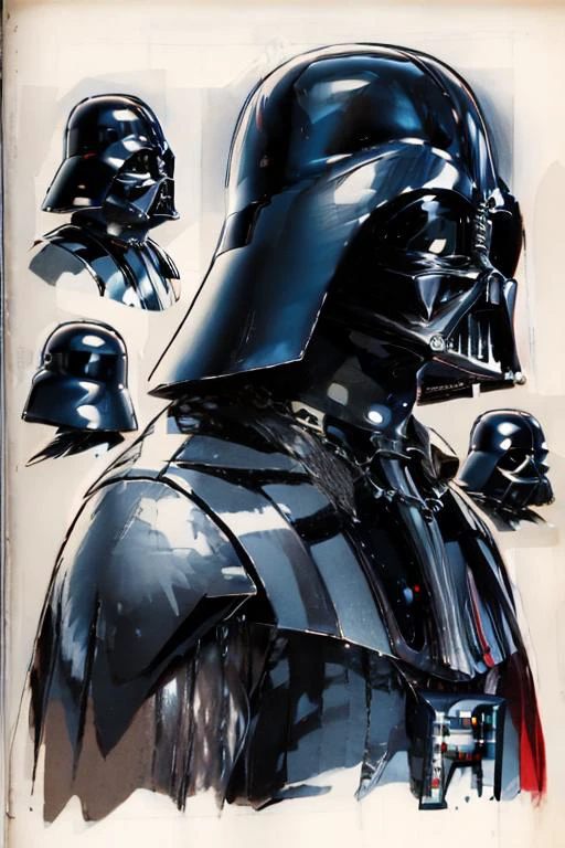 High res, masterpiece, 8k, <lora:warrentufts:0.8> warrentufts, vintage drawing, <lora:Darth_Vader:1> darth_vader, helmet, portrait,