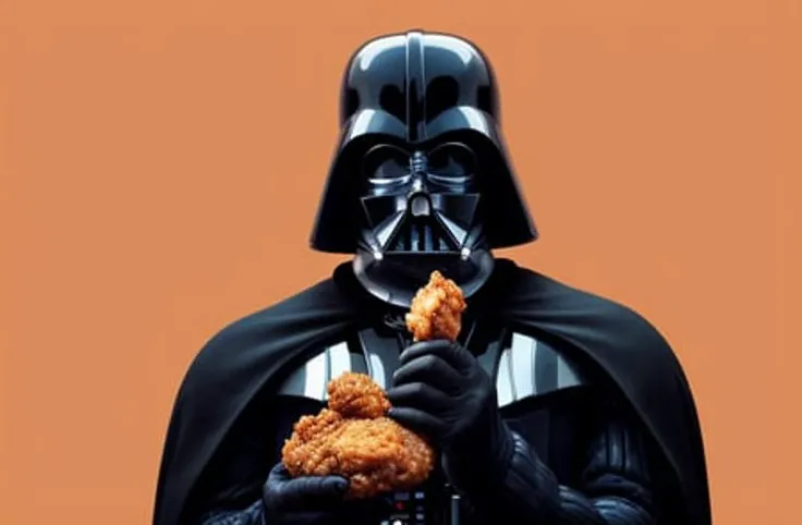 Darth_vader holding a piece of fried chicken in each hand, with a background of a spaceship <lora:Darth_Vader:.6>