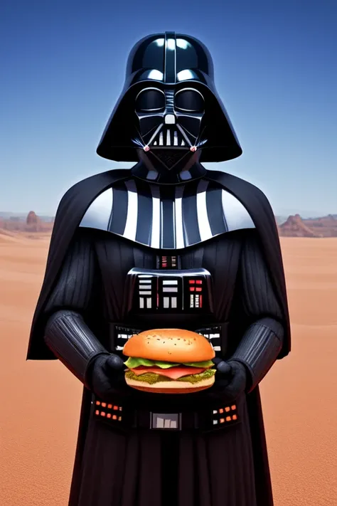 <lora:Darth_Vader:1> ((Darth_Vader)) (eat hamburger), background desert, ultra detail, 8k, unreal engine, photorealistic,