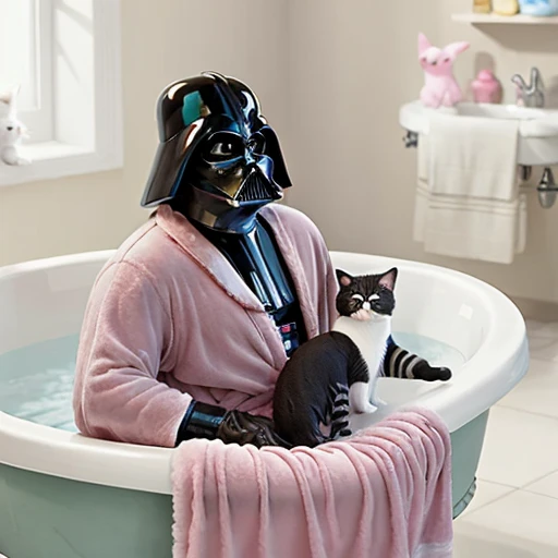 Darth_vader in a pink bath robe and fuzzy bunny slippers holding a cat <lora:darkLordVador_darkLordVador:.8><lora:epiNoiseoffset_v2:1.0>