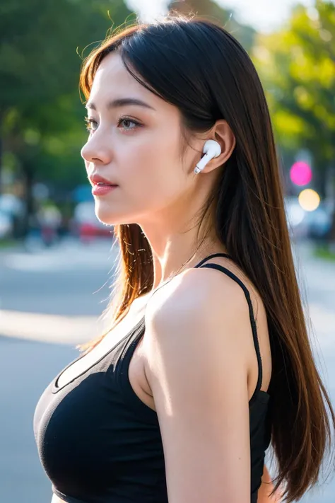 (best quality:1.4), (ultra highres:1.2), (photorealistic:1.4), (8k, RAW photo:1.2),(portrait shot:1.3), airpods, earphones, 1girl, solo, long hair, upper body, from side, earbuds, breasts, cleavage, long hair, outdoors, tank top, <lora:airpods-000001:0.6>, <lora:earn.muien-000007:0.3>