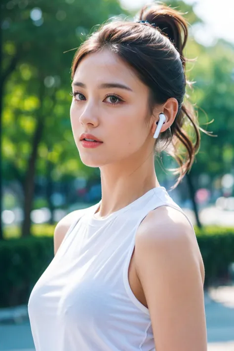 (best quality:1.4), (ultra highres:1.2), (photorealistic:1.4), (8k, RAW photo:1.2),(portrait shot:1.3), airpods,earphones, 1girl, solo, side ponytail, upper body, earbuds, outdoors, white shirt, sleeveless, <lora:airpods-000001:0.5>