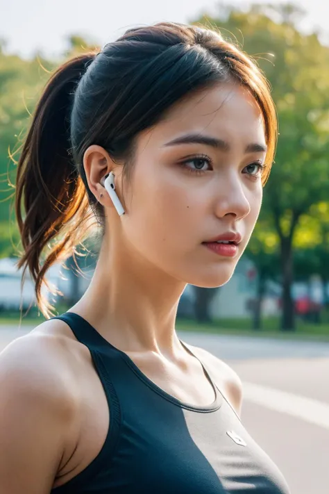 (best quality:1.4), (ultra highres:1.2), (photorealistic:1.4), (8k, RAW photo:1.2),(portrait shot:1.3), airpods,earphones, 1girl, solo, high ponytail, upper body, from side, earbuds, outdoors, sports bra, <lora:airpods-000001:0.5>