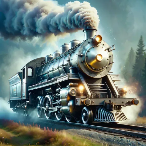 a photo shot of a steam locomitive,dusty colorful backround,magic particle,bokeh,realistic,highly detailed,realistic,lifelike,studio photo,highly detailed,dynamic,cinematic,masterpiece,intricate,hdr,abstract fractal,DonMSt33lM4g1cXL