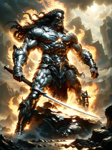 <lora:xl_more_art-full-xl:0.6> <lora:add-detail-xl:1.4> <lora:style-steel_magic-xl-by_donmischo:0.95> donmst33lm4g1cxl, by frank frazetta, crom, god of steel, fire and wind come from the sky, from the gods of the sky. but crom is your god, crom and he lives in the earth. once, giants lived in the earth, conan. and in the darkness of chaos, they fooled crom, and they took from him the enigma of steel. crom was angered. and the earth shook. fire and wind struck down these giants, and they threw their bodies into the waters, but in their rage, the gods forgot the secret of steel and left it on the battlefield. we who found it are just men. not gods. not giants. just men. the secret of steel has always carried with it a mystery. you must learn its riddle, conan. you must learn its discipline. for no one - no one in this world can you trust. not men, not women, not beasts. points at his sword. this you can trust. ultra detailed, complex composition, wide angle, glowing, 16k, uhd, hdr, octane render, concept art