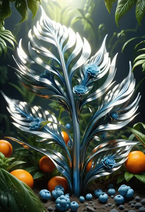 hyper detailed masterpiece, dynamic, awesome quality, DonMSt33lM4g1cXL sturdy titanium white upright creeping plant,  pinnately-compound frond-like leaf, reticulate venation, tufted-rosette, pinnatifid leaf margin, tangerine raceme ovary flower, labiate, phthalo blue legume fruit, checkered, sepaloid, tetracladous phyllotaxy,  , made of steel, shiny  <lora:DonMSt33lM4g1cXL-v1.1-000008:1>
