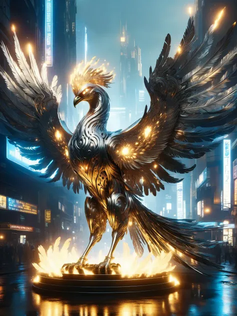 A majestic DonMSt33lM4g1cXL steel phoenix with a radiant magical glow, its feathers an intricate array of shiny metal, rising from the ashes in a cyberpunk cityscape <lora:DonMSt33lM4g1cXL:1>, <lora:EnvyBetterHiresFixXL01:0:hr=1>