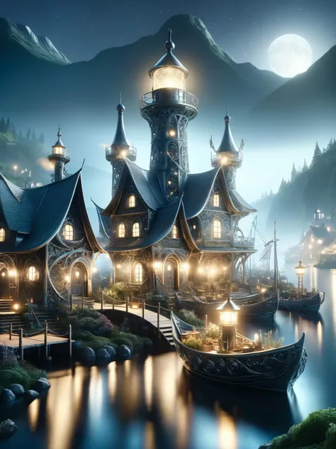 DonMSt33lM4g1cXL, A whimsical scene of a DonMSt33lM4g1cXL fairy village at night, with tiny habor, fishing boats, a lighthouse, houses, bridges, and gardens all intricately detailed in steel, smoke from chimneys, buildings with ethereal lights, dark, atmospheric, dynamic, cinematic, masterpiece, intricate, hdr. <lora:EnvyBetterHiresFixXL01:0:hr=1> <lora:DonMSt33lM4g1cXL:1>