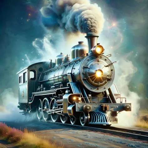 a photo shot of a steam locomitive,dusty colorful backround,magic particle,bokeh,realistic,highly detailed,realistic,lifelike,studio photo,highly detailed,dynamic,cinematic,masterpiece,intricate,hdr,abstract fractal,DonMSt33lM4g1cXL