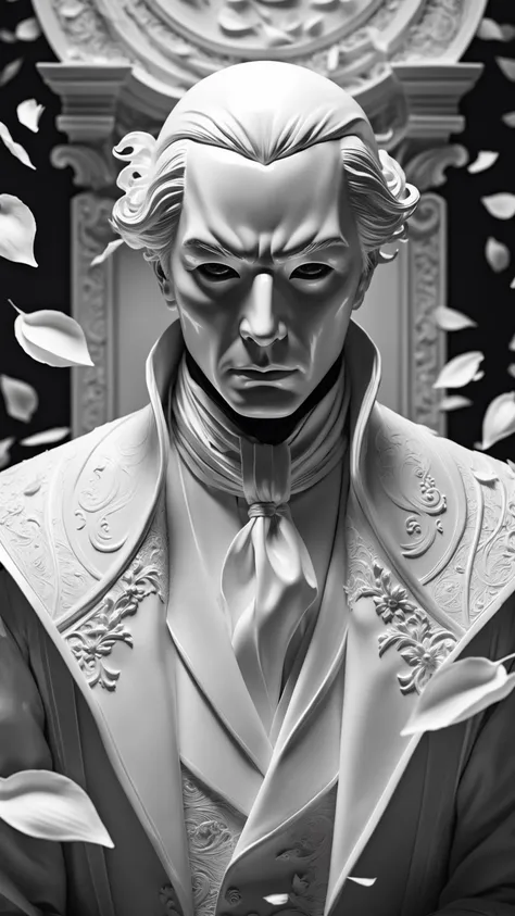 Ebenezer Scrooge, ghost of the past, ghost of the present and ghost of the future, In a surreal monochrome world, a mysterious figure in a porcelain mask stands among a swirling storm of broken mirrors and floating petals, plaster threads, papier-mch, Mika Asai macro photography, close-up, hyper detailed, artstation trend, sharp focus, studio photography, intricate detail, high detail, artstation trends, sharp focus, studio photography, intricate details, high detail, inspiration, authors: Jim Mahfood, Henry Asensio, Greg Rutkowski, Craig Davison, Jenny Saville, Bernie Wrightson, Frank Frazetta