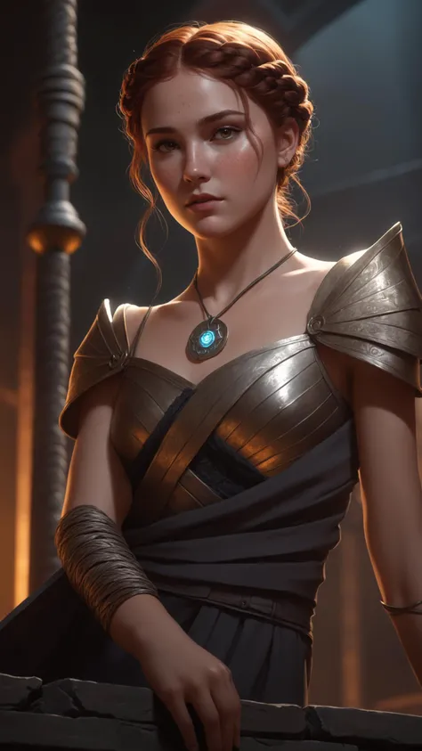 best quality, masterpiece, 1 girl, adult czech women, freckles, dark brown eyes, auburn dutch braid, focus on character, solo, solo, 30%from front, front view, (full body:0.8), looking at viewer, detailed face, abyssal wanderer, (gentle reproach,:1.05), perched on a ledge, 3%simple gown, circlet, 20%carrying divine rapier of the sun, 5%inscribed with mystical runes, self-repairing nodes embedded in the skin, 20%meaningful claw marks, indoors, crates, dystopian vault in background, spectral glow