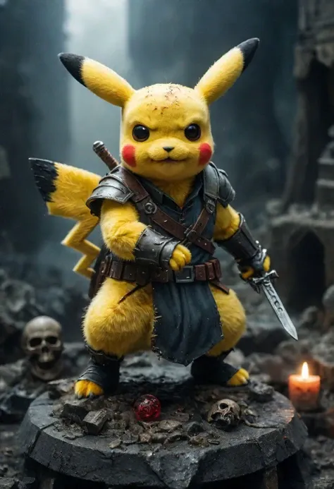 A photo of a (menacing demon pikachu lord:1.3), (curved horns:1.2), piercing Darth Vader red eyes, luminous yellow hair, (grinning skull-like face:1.0), muscular build, (pointing directly at viewer:1.2), surrounded by an army of (ghouls and Dragon mens figures:1.1), flickering candlelight, exterior battle camp setting, (ominous soldier with rifle:1.1), atmospheric dread, gothic horror theme, Sony A7R IV, 1/60s, f/2.8, ISO 1000, cinematic composition, HDR imaging, detailed textures, macabre mood, RAW photography, professional grade,photography in the style of Labirynth movie, close up of (awful) and (sweet) creature with sword stained with (blood), in a gigant ancient and ruined labirynth ,fantasy,hyper detailed, real skin imperfections, hard lighting, bokeh, ((curi:1.2))armor Dragonian