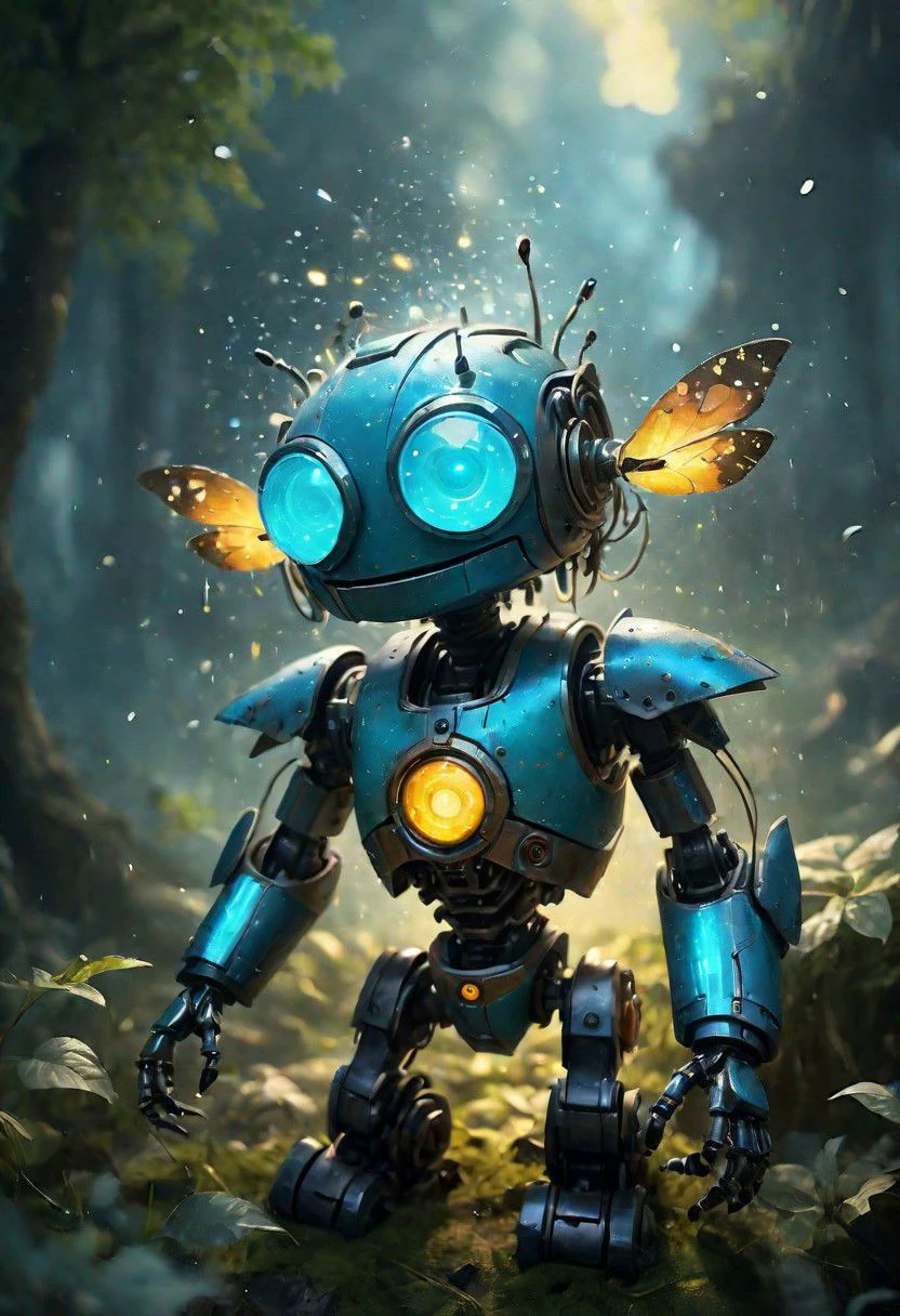 photography in the style of Labirynth, the Robots movies , fantasy books, rpg games, close up of (nature) and (crazy) chibi cromatic robot with a (diminute) sword stained with (magic), in a beautiful and ruined ,fantasy,hyper detailed, real skin imperfections, hard lighting, bokeh, ((curi:1.2))(inspire forms in most beautiful creatures:1.4) (crazy:1.4) (ambient craziness:1.4)(beautiful colors in fantasy world:1.4) (amazing luminous particles floating in the air:1.5)(smiling:1.6) ((poster of lights with fireflies that says the word: CIVITAI))