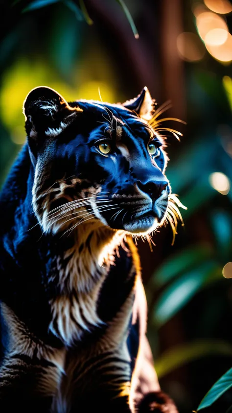 cinematic photo Canon R5, key light, Moody Bagheera from The Jungle Book . 35mm photograph, film, bokeh, professional, 4k, highly detailed, skeptical, doubting, cynical, photorealistic, rainbow fur