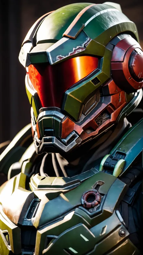 extreme close up on the helmet of the doom slayer, broken doom slayer helmet, photorealistic, doom slayer, doom eternal, raging face of the doom slayer