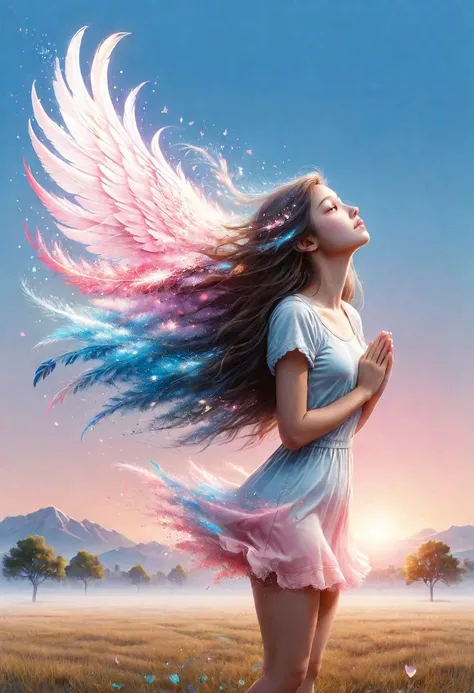This is an illustration of a young woman, at the age of 20s, with detail face, and beautiful nose. Long hair, eyes with hope, longing and praying for love, She wear a short dress, t-shirt, looking up to the sky, hands held up on her chest, praying to meet her first love. A half dissolving heart on the background, like a wing. The background is a light blue sky, with pink dissolving neon light ball, with grass on the ground.