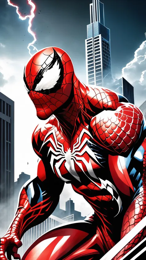 perfect mix between Carnage from Marvel and Godzilla, with Carnage's red tentacles protruding from his entire body, destroying city, blood, epic, (cataclysmic, white eyes like venom, gargantuan, taller than buildings, oversized, gigantic:1.8), absurdres, best quality, fantasy style, (intricate details), (hyperdetailed), 8k hdr, venom suit, high detailed, lot of details, high quality, soft cinematic light, dramatic atmosphere, atmospheric perspective