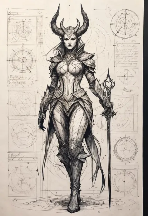 Hand drawn, dark, gritty, realistic sketch, Rough sketch, mix of bold dark lines and loose lines, bold lines, on paper, turnaround character sheet, a female cyber demon in dark fantasy sf world, Full body, arcane symbols, runes, dark theme, Perfect composition golden ratio, masterpiece, best quality, monochromatic, sharp focus. Better hand, perfect anatomy