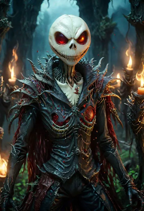 A photo of a (menacing demon ( Jack Skellington:1.3) lord:1.3), (curved horns:1.2), piercing luminous red eyes, (grinning skull-like face:1.0), muscular build, (pointing directly at viewer:1.2), surrounded by an army of (ghouls and Dragon mens figures:1.1), flickering candlelight, exterior battle camp setting, (ominous soldier with rifle:1.1), atmospheric dread, gothic horror theme, Sony A7R IV, 1/60s, f/2.8, ISO 1000, cinematic composition, HDR imaging, detailed textures, macabre mood, RAW photography, professional grade,photography in the style of Labirynth , close up of (awful) and (sweet) creature with sword stained with (blood), in a gigant ancient and ruined labirynth ,fantasy,hyper detailed, real skin imperfections, hard lighting, bokeh, ((curi:1.2))armor Gelatine Dragonian