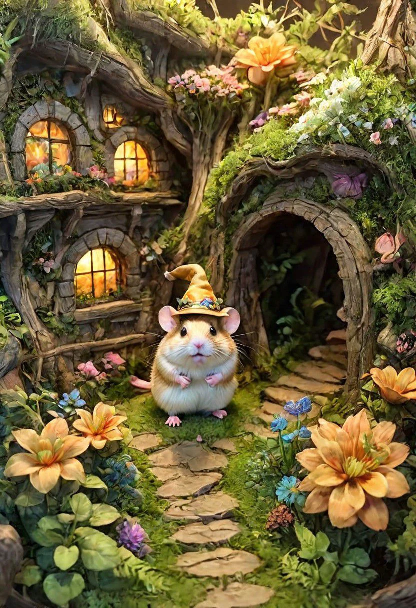 Figure chubby Dzungarian hamster in an adventurer's hat, Seeing plants and flowers from the ground, view from below, atmospheric dreamscape painting, dream scenery art, highly detailed visionary art, cgi style, vibrant oil painting, splash art, Cozy mystery, masterpiece 8k wallpapper, neoplasticism, Unreal Engine, dramatic lighting