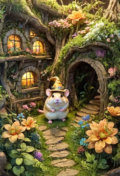 Figure chubby Dzungarian hamster in an adventurer's hat, Seeing plants and flowers from the ground, view from below, atmospheric dreamscape painting, dream scenery art, highly detailed visionary art, cgi style, vibrant oil painting, splash art, Cozy mystery, masterpiece 8k wallpapper, neoplasticism, Unreal Engine, dramatic lighting