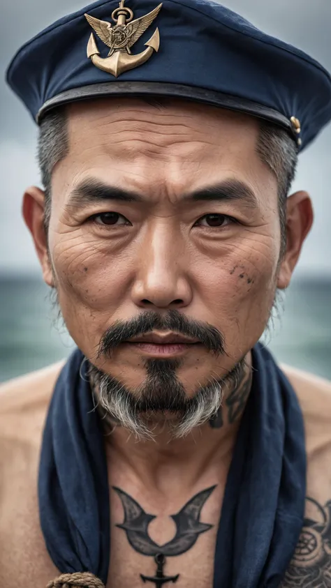 Hyper detailed photo of a captivating portrait of a wise and weathered middle aged sailor, photo of a sailor, ultra realistic photo, 44years old asian male, goatee, adorned with nautical tattoos and a rugged expression that tells tales of countless voyages, award winning realistic photograph by the world best portrait photographer, overcast day, vivid fantasy colors, nikon, award winning, breathtaking, groundbreaking, superb, outstanding, lens culture landscape awards, photoshopped, evenly lit features, 8k, hi res