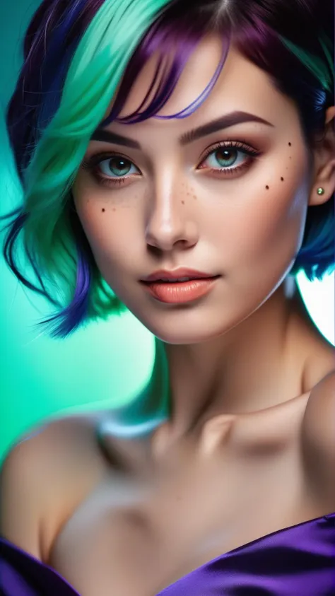 (masterpiece, best quality, ultra realistic, 32k, RAW photo, detail skin, 8k uhd, dslr, high quality, film grain:1.1), short hair, Electric blue hair:1.1, portrait, lady, brown eyes, deep purple Off-the-shoulder top/dress, freckles, (Mint green gradient background, led light, edge light, simple background)